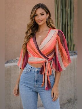 Express Top Metallic Pink Stripe V Neck Cropped Wrap Tie Back Y2K